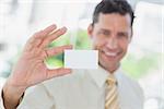 Businessman presenting blank business card in office