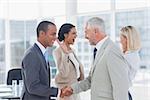 Succesful business team shaking hands and high fiving in the office