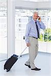 Businessman pulling suitcase and talking on phone smiling at camera in bright office