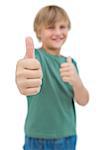 Blonde boy giving thumbs up focus shot on white background