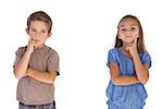 Thoughtful children standing with arms crossed on white background