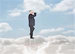 Businessman standing on a ladder over clouds and looking at the horizon with binoculars