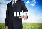 Businessman selecting brand word with landscape on the background