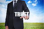 Businessman selecting trust word with landscape on the background