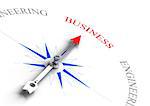 Arrow of a compass pointing the word business. Concept image suitable for professional guidance or school orientation. 3D render with depth of field effect