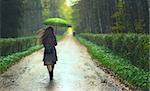 beautiful girl walking under rainfall in autumn park