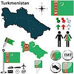 Vector of Turkmenistan set with detailed country shape with region borders, flags and icons