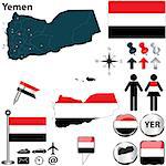 Vector of Yemen set with detailed country shape with region borders, flags and icons