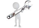 3d humanoid character hold a wrench tool on white