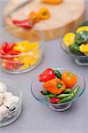 Close up of a bowl with various pimentos