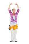 Pretty blonde wearing a tool belt in ballerina pose on white background