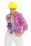 Smiling handy woman with a power drill on white background