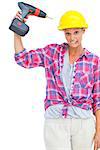 Attractive handy woman holding a power drill on white background