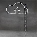 Rear view of a businessman standing on a giant ladder and drawing the cloud computing symbol