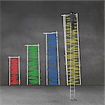 Businessman standing on a giant ladder and drawing bar chart on a grey wall