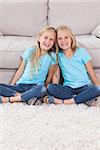 Young twins sitting on a carpet in the living room