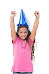 Little girl with blue hat holding up her arms on white background