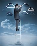 Businessman standing on a ladder over clouds with clouds drawn on the background