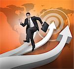 Businessman jumping over arrows and world map on the background