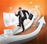 Cheerful businessman jumping over arrows with drawings floating around