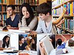 Collage of students in library reading books