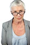 Mature woman wearing glasses on white background