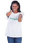 Young woman wearing volunteer tshirt and giving thumbs up on white background