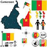 Vector of Cameroon set with detailed country shape with region borders, flags and icons