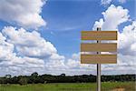 Blank wooden sign in green grass field over blue sky background