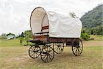 Covered wagon with white top in park