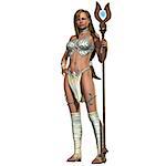 Isolated figure of a woman warrior ready for battle with a magic staff.