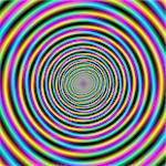 Digital abstract fractal image with a candy stripe vortex design in blue, yellow, green and pink.