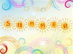 abstract background with text summer in drawn yellow suns and colorful circles and spirals