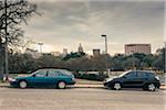 Cars parked with View of Austin Texas at Christmas, USA