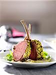 Single Serving of Lamb Coated with Pistachio on Table