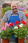 Mature gardener working in garden centre, smiling