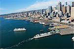 Aerial view of ferries and waterfront, Seattle, Washington State, USA