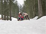 Family sledding in snowy woods