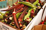 Fresh Picked Organic Red and Green Okra at a Farmers Market