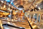 Copper pots in a stainless steel kitchen