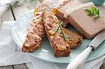 Toasted slices of bread spread with various types of pâté