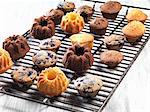 Assorted muffins and small Bundt cakes on a cooling rack