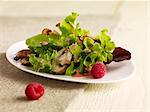 Green salad with pan fried mushrooms, raspberries and raspberry dressing