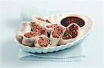 Rice paper rolls with beef tartar