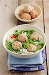 Soup with rice noodles and chicken meatballs