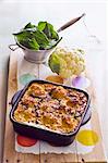 Cauliflower and spinach quiche in a baking dish