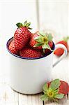 Strawberries in an enamel cup