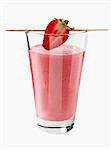 A strawberry smoothie with a strawberry on a cocktail stick