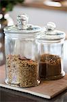 Food in jars at a kitchen counter