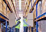 Workers carrying boxes in warehouse